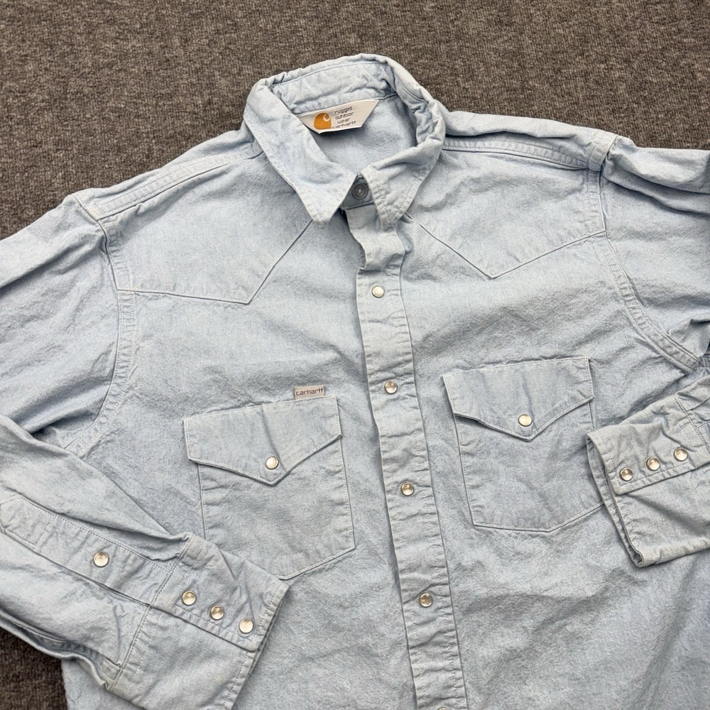 Carhartt Rugged Outdoor Wear Denim Western Pearl Snap Shirt Mens Sz L Light Vtg